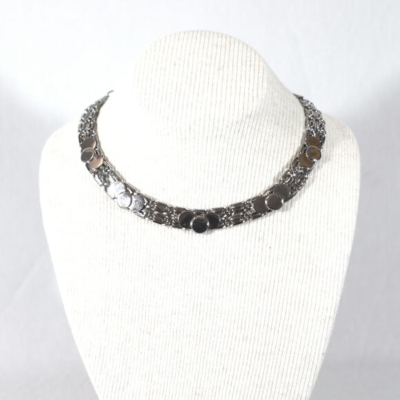 Silver Tone Choker Necklace Scroll Chain Links Three Coin Overlay Pattern - Picture 1 of 10